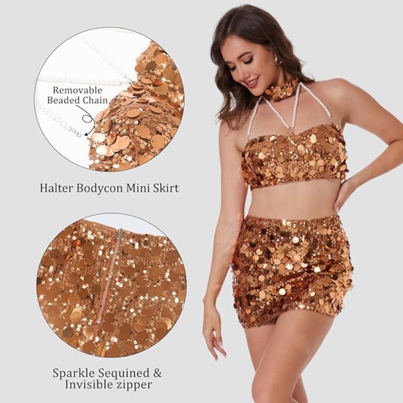 Women’s Sequin Dots Crop Top And Matching Mini Skirt Rave Nightclub Outfit - Picture 2 of 9